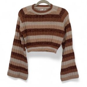 Altar’d State Brown Cream Striped Cropped Bell Sleeve Sweater